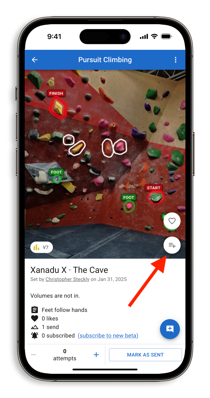 Adding a climb to a climb list on the Crux Climbing App.