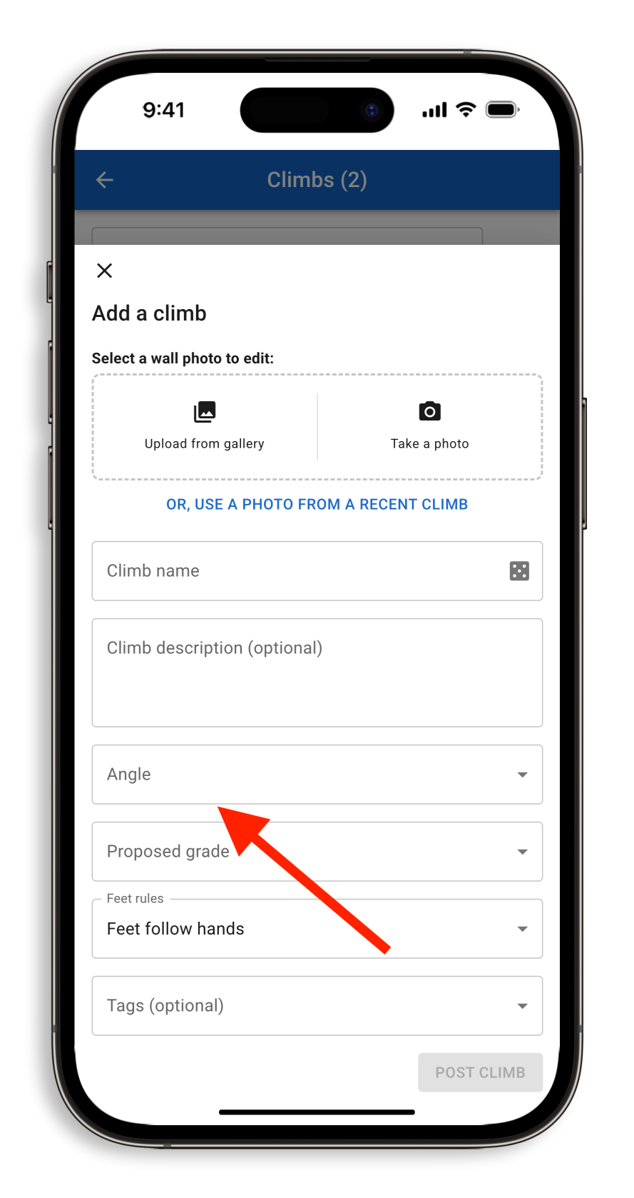 When setting a climb on a homewall with the adjustable angle feature enabled, there will be a dropdown to select an angle.