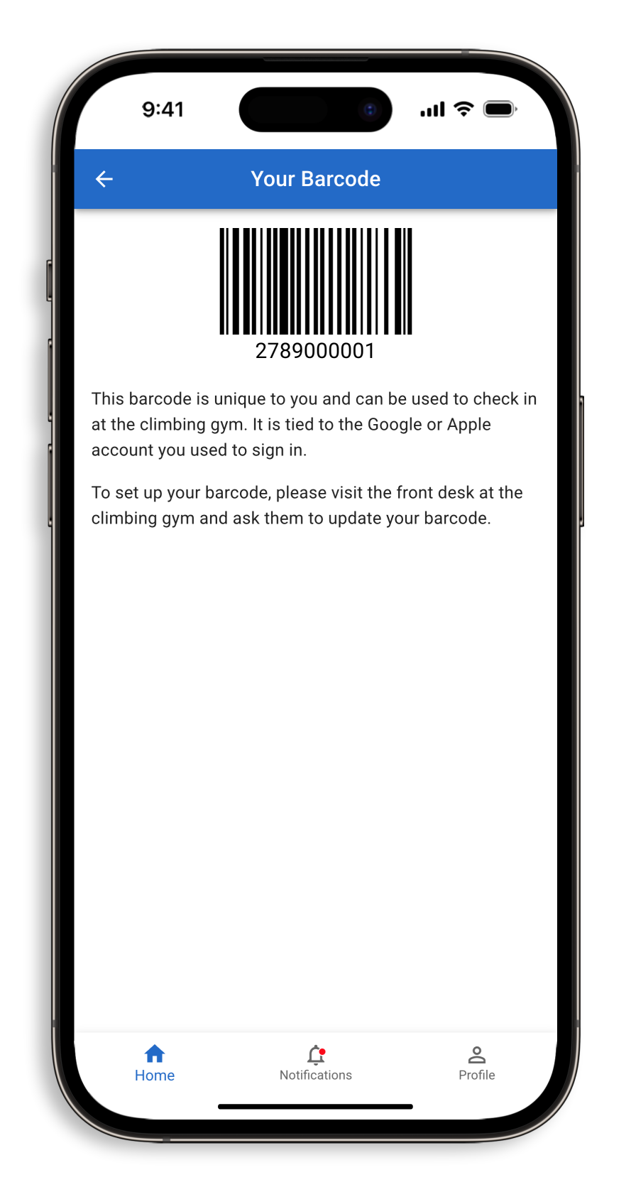 The gym sign-in barcode on the Crux Climbing App