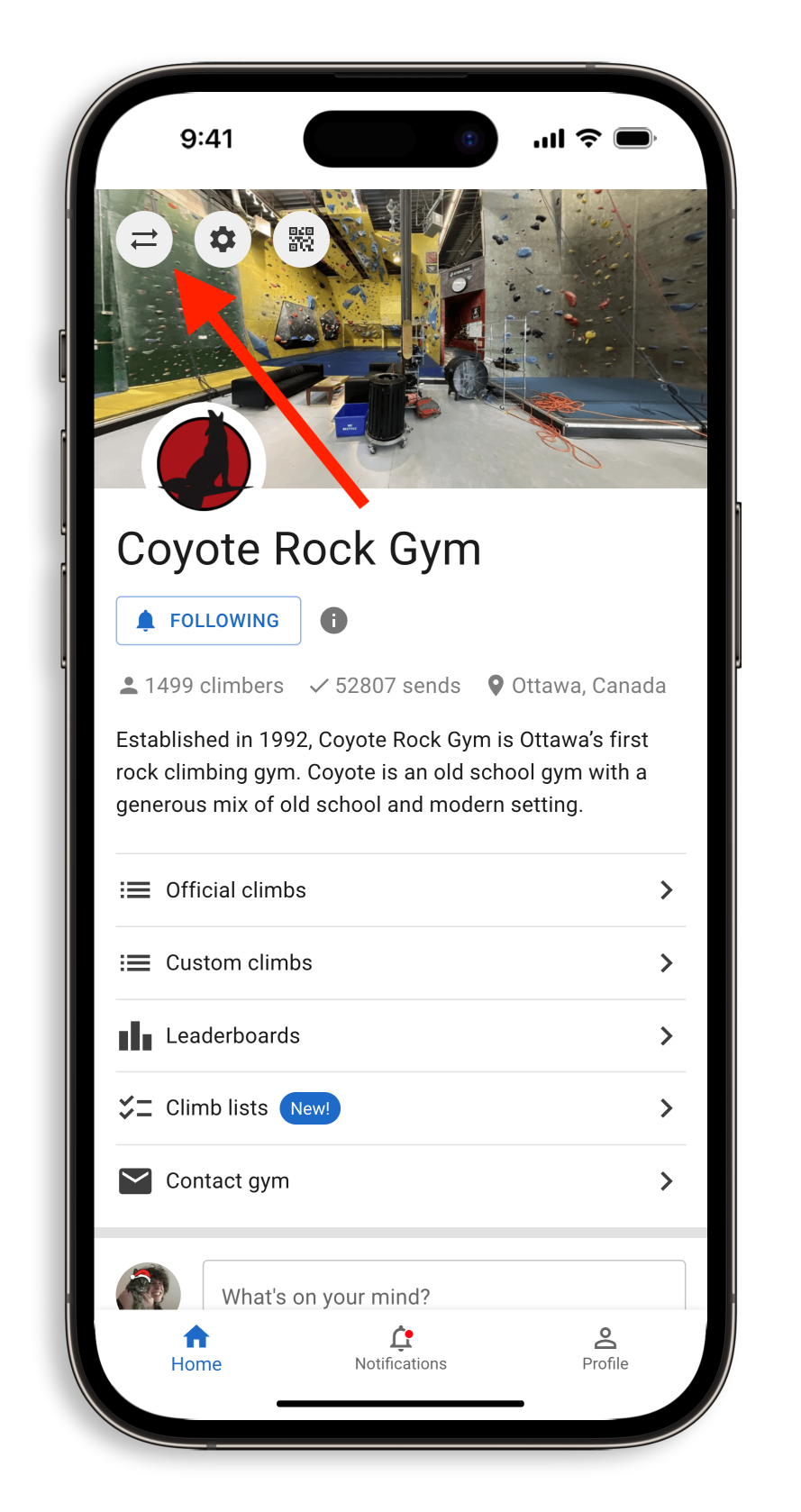 Changing your gym on the Crux app