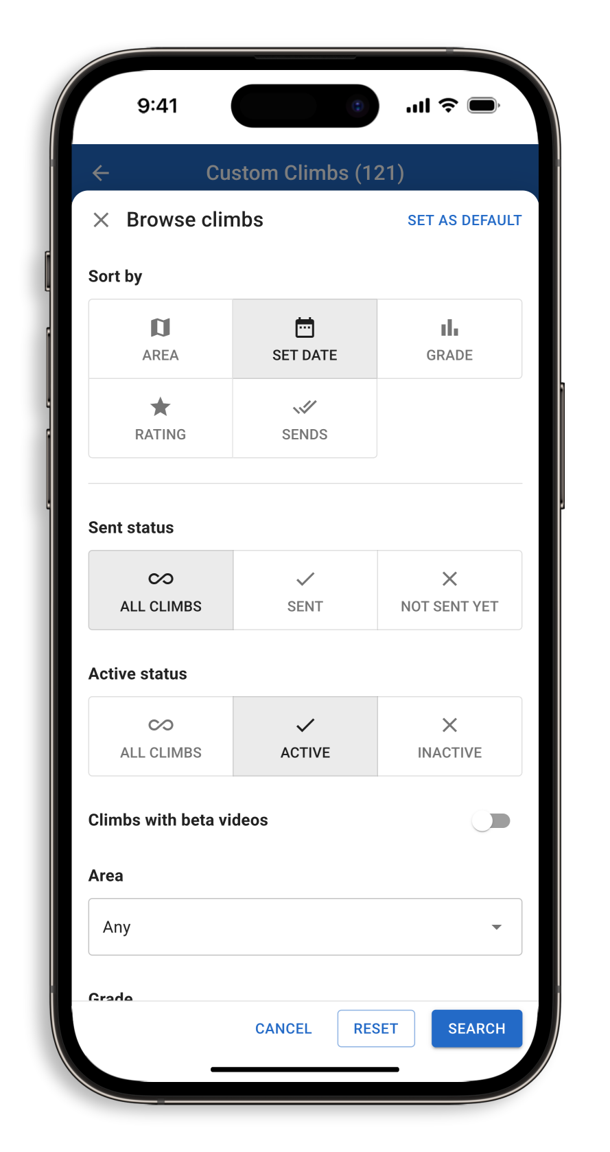 The climb sort and filter menu for the Crux Climbing App