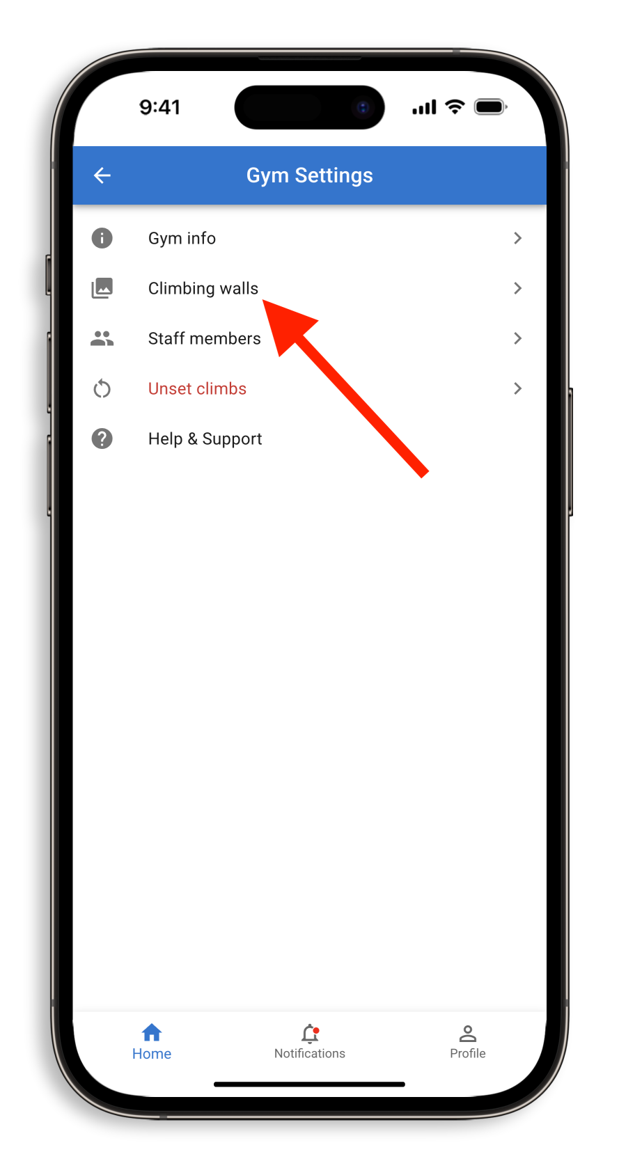 The gym wall settings button on the Crux Climbing App allows gyms to set up their climbing walls.