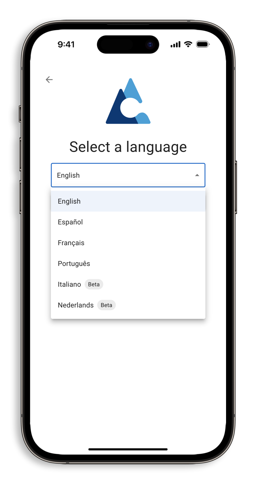 Selecting a language to use on the Crux Climbing App.