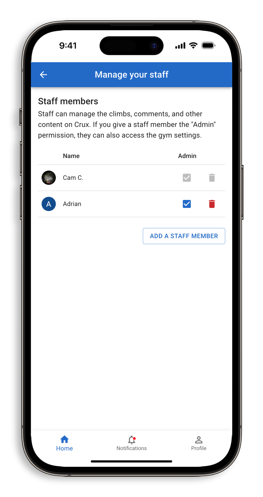 Managing your gym staff on the Crux Climbing App