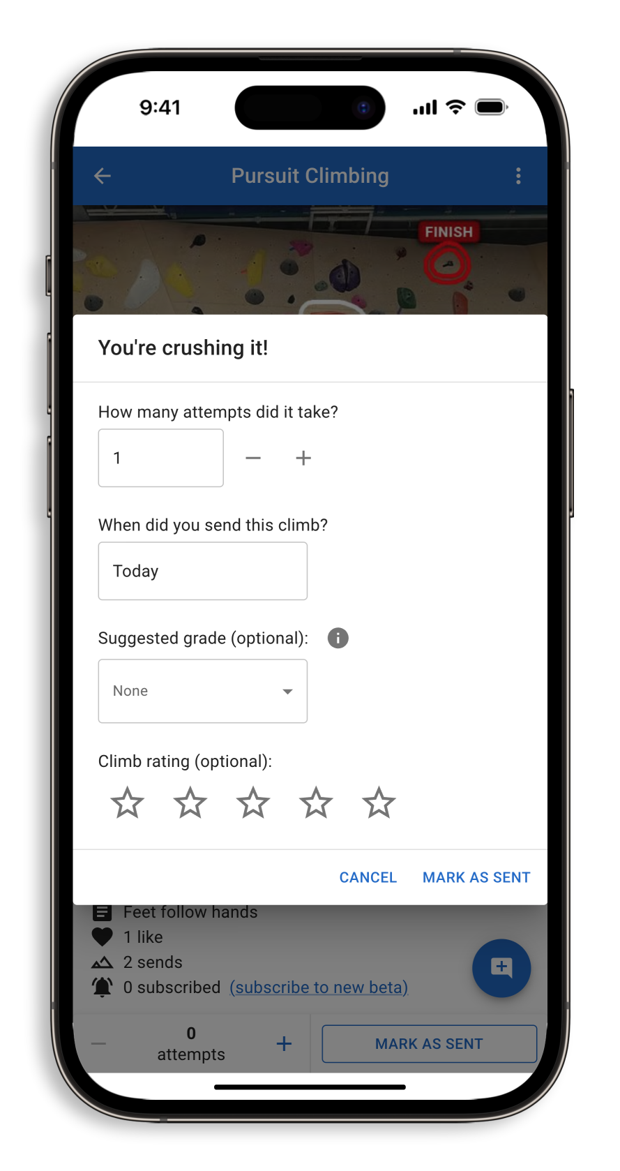 Marking a climb as sent on the Crux Climbing App.