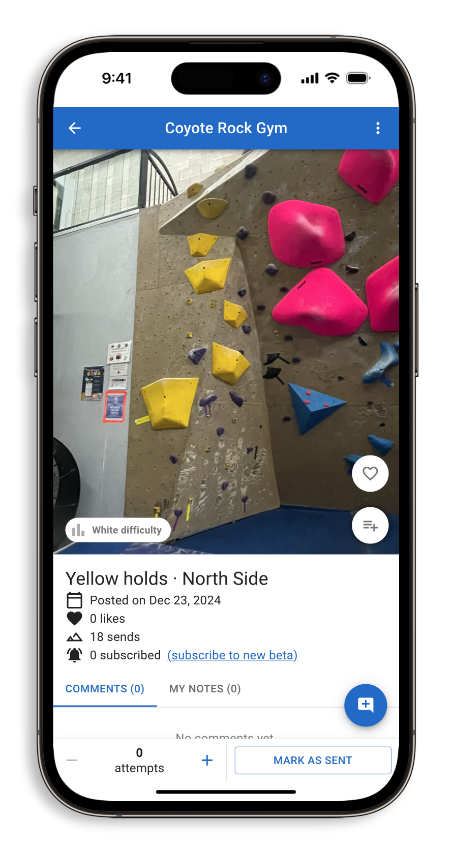 An official gym-set climb at Coyote Rock Gym on the Crux Climbing App