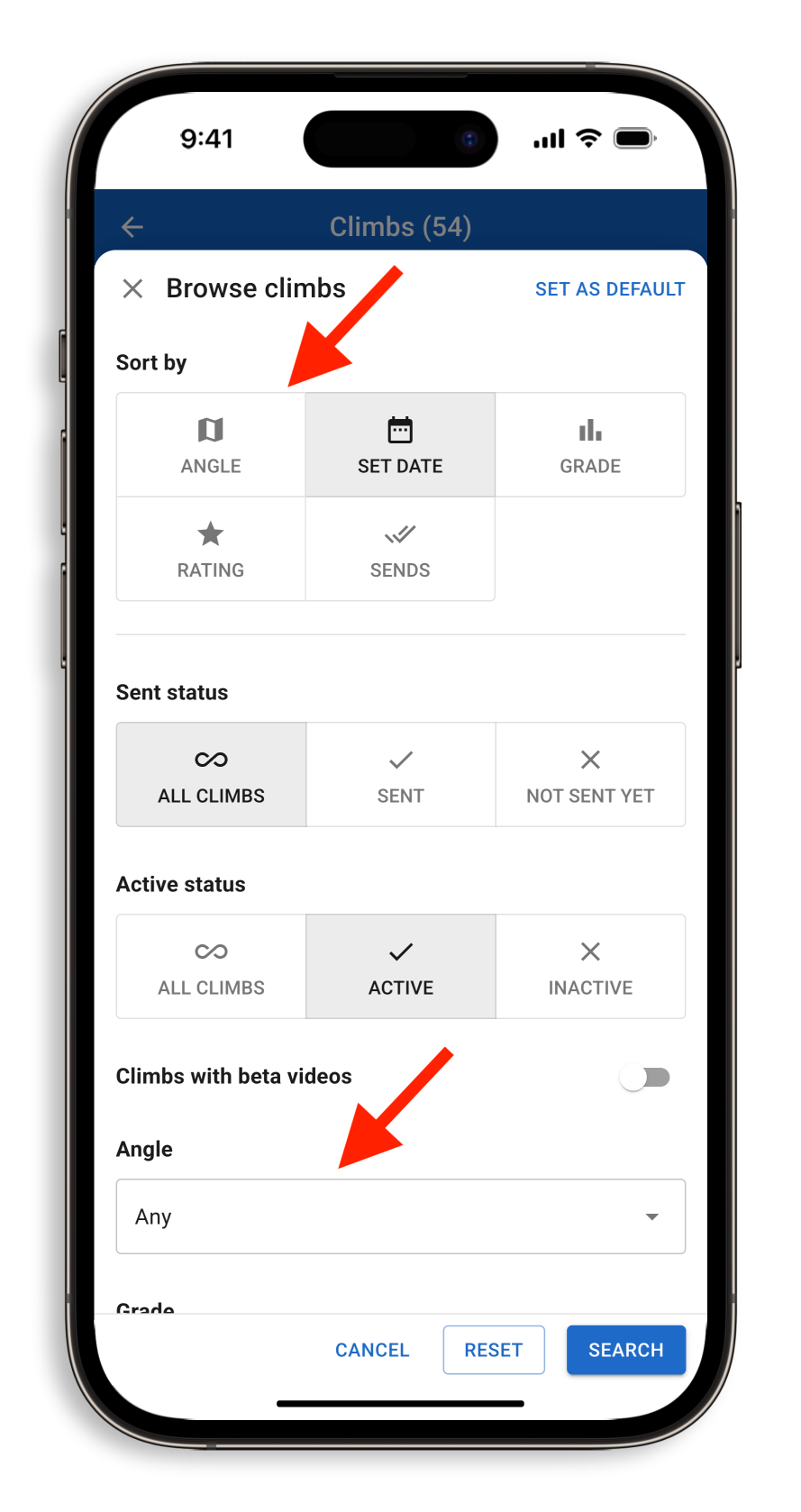 With adjustable angles enabled in your homewall, you can search and sort by angle using the filter menu.